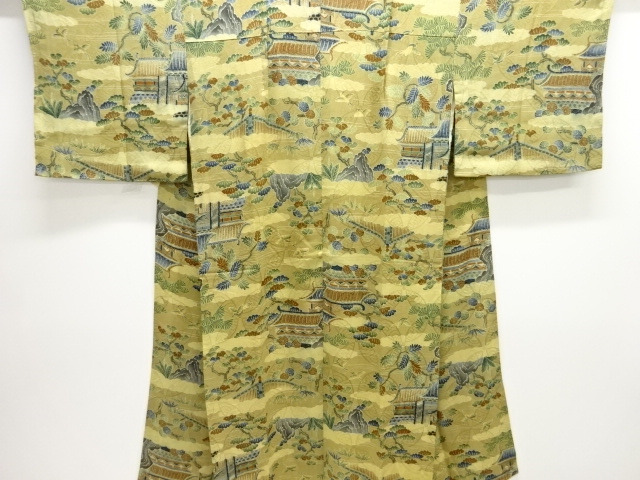 アンティーク　紋縮緬屋敷風景に鳥模様長襦袢